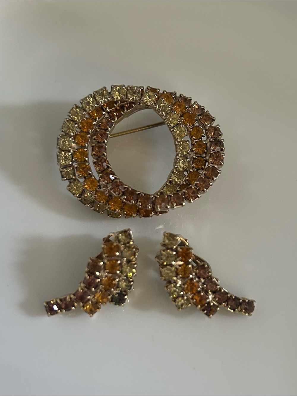 Vintage Gold Tone Citrine & Champagne Crystal Brooch and Earring Set